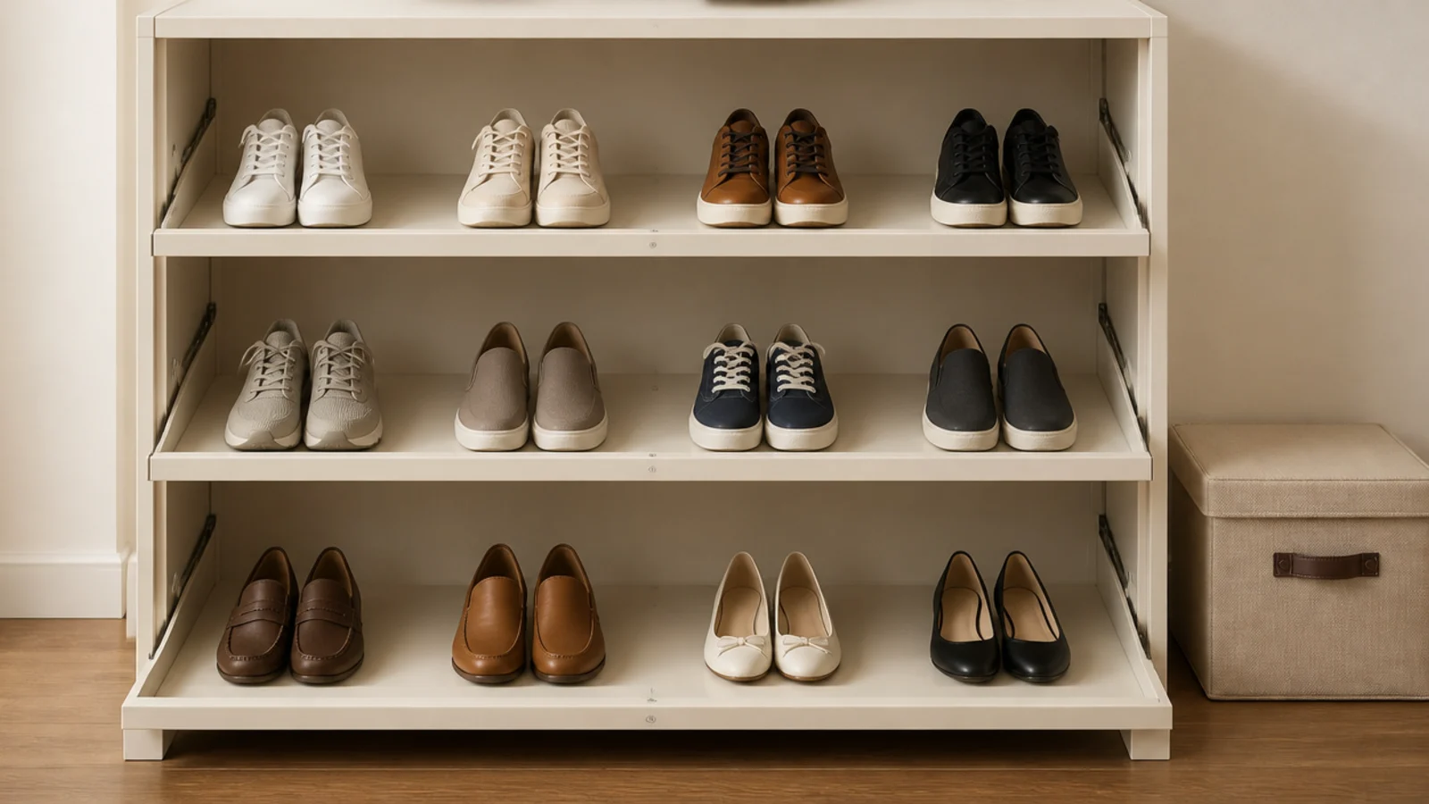 half empty shoe cabinet holding only the pairs worn this week