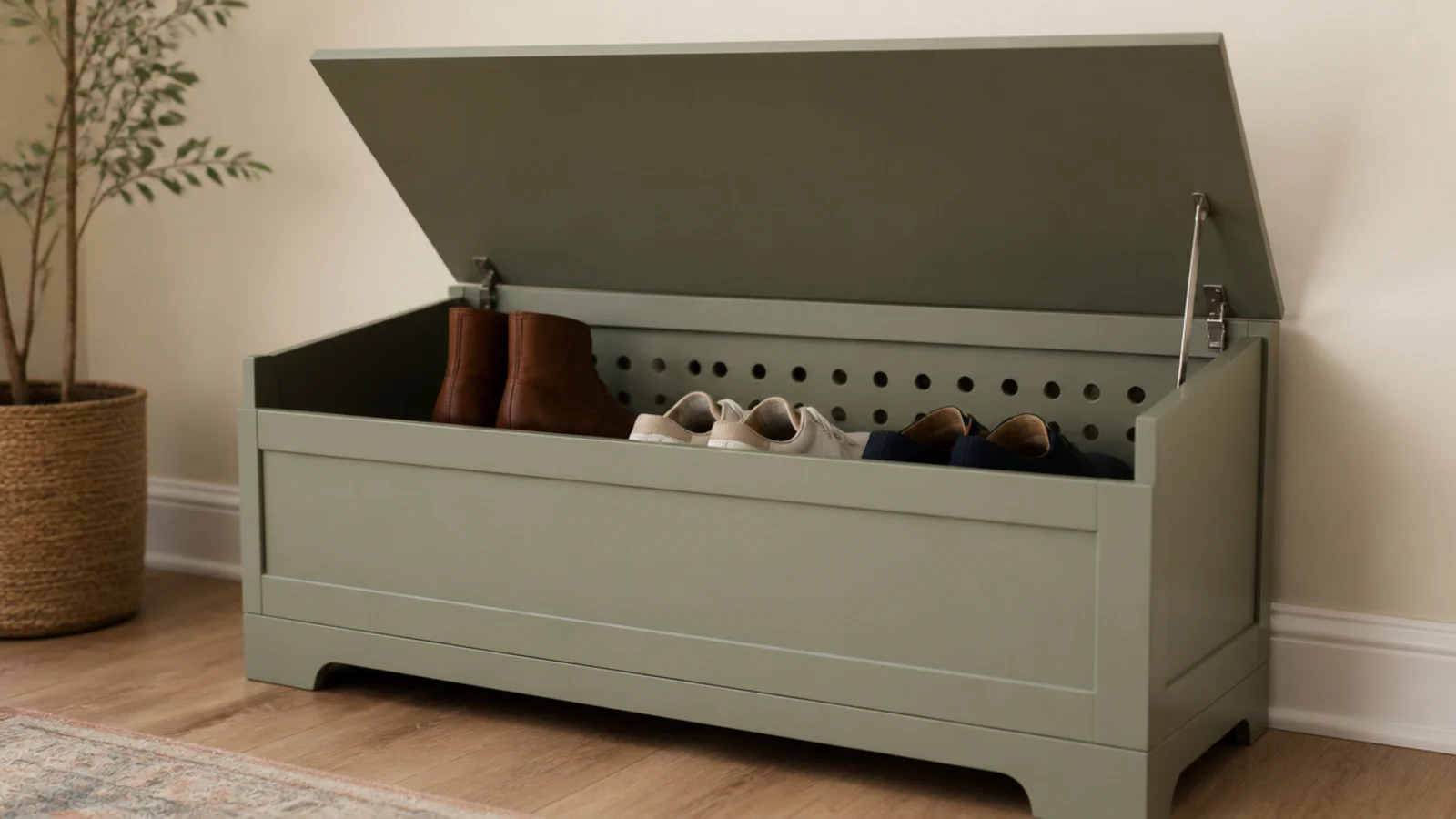 lift top entry bench raised to show ventilated shoe storage inside