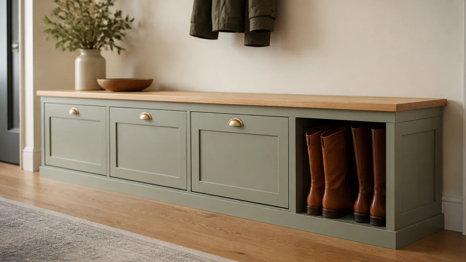 entry bench with an open tall boot bay at one end holding boots
