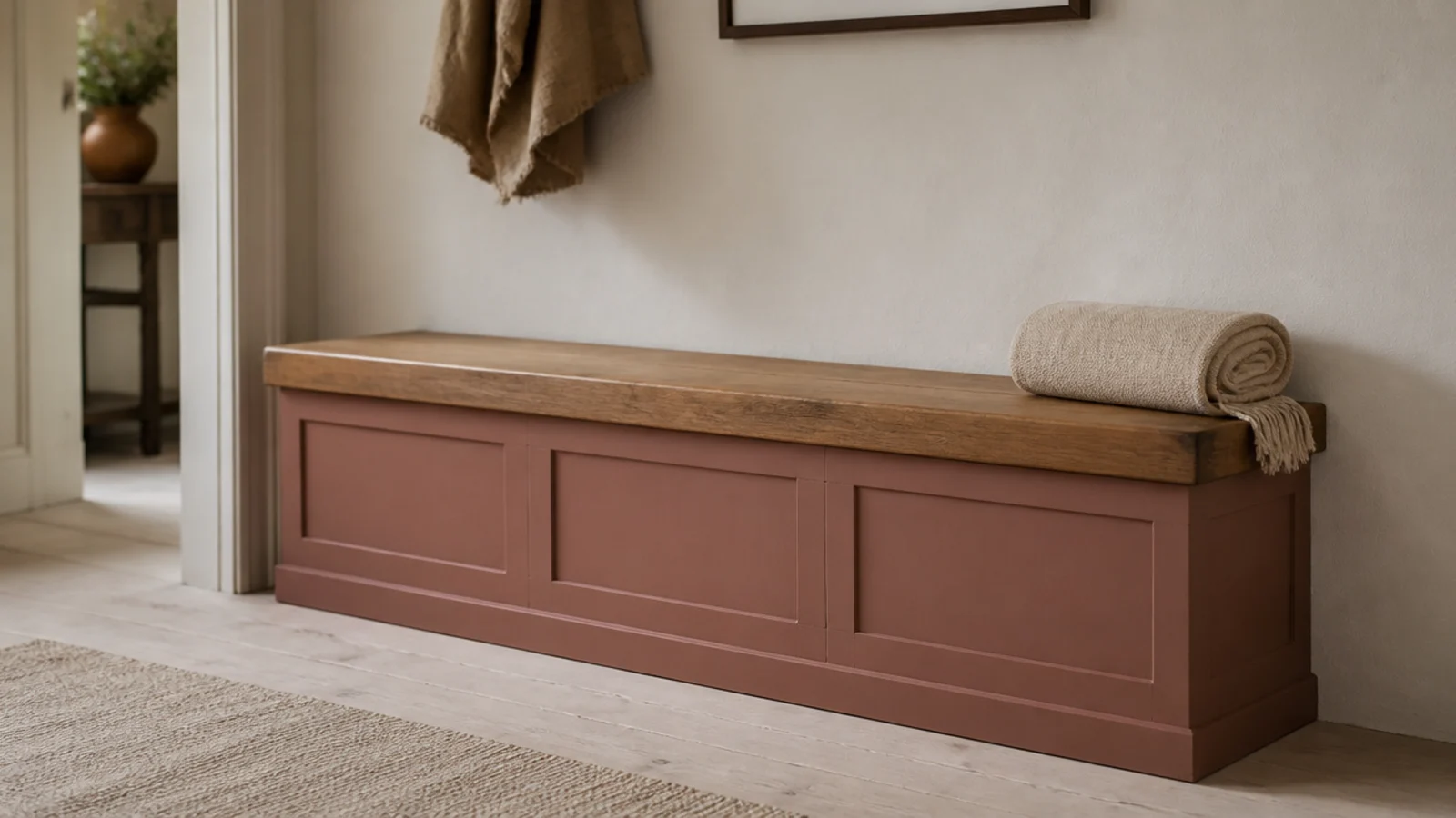 two tone entry bench with clay painted base and warm oak seat top