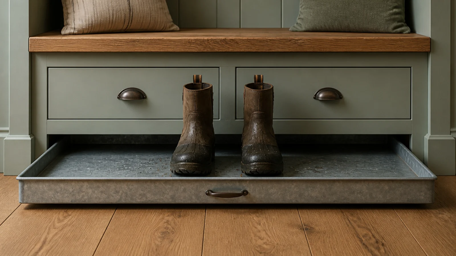 shallow pull out drip tray at the base of an entry bench cabinet