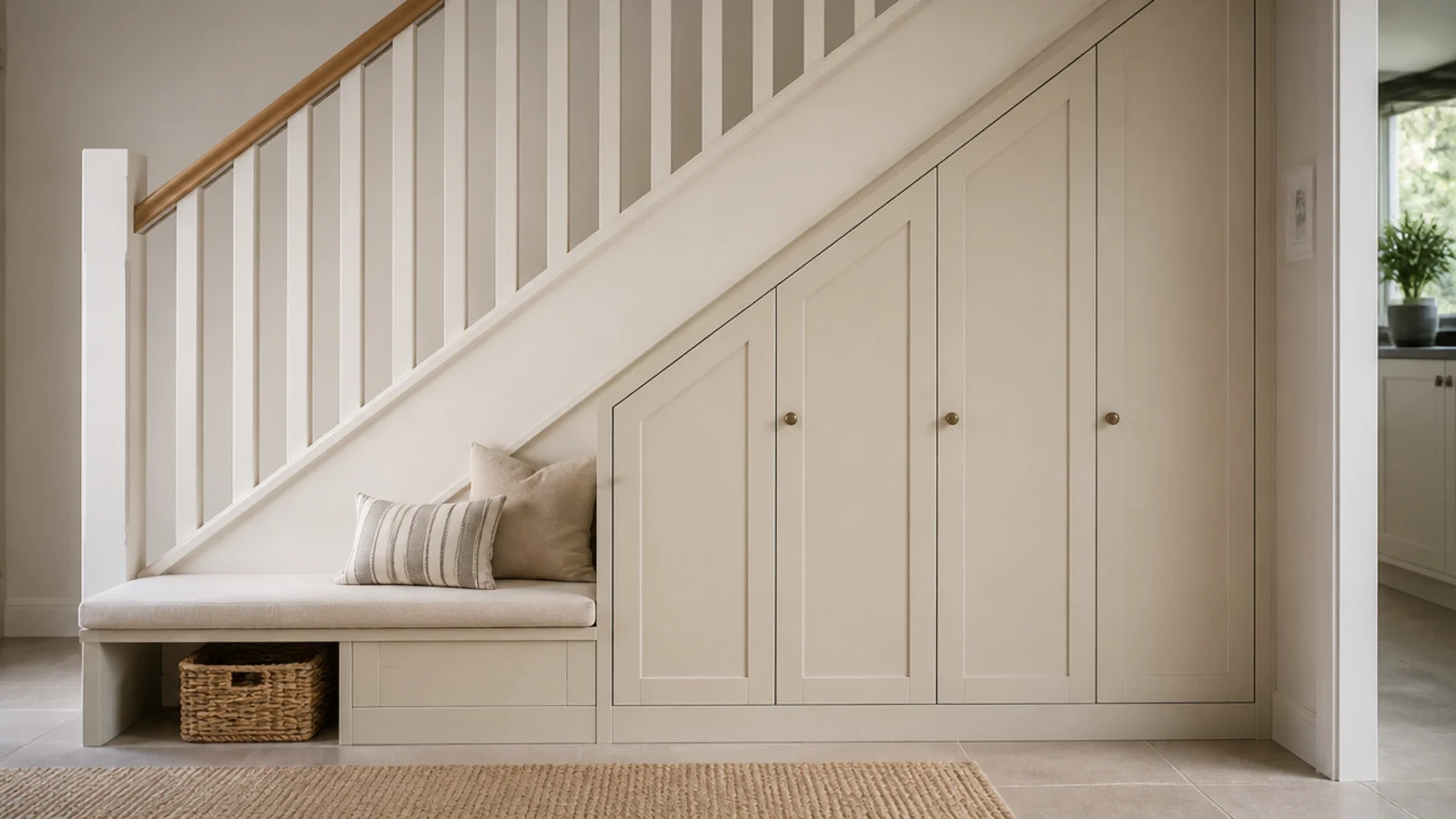 under stair bench with angled shoe cabinet fronts following the stringer