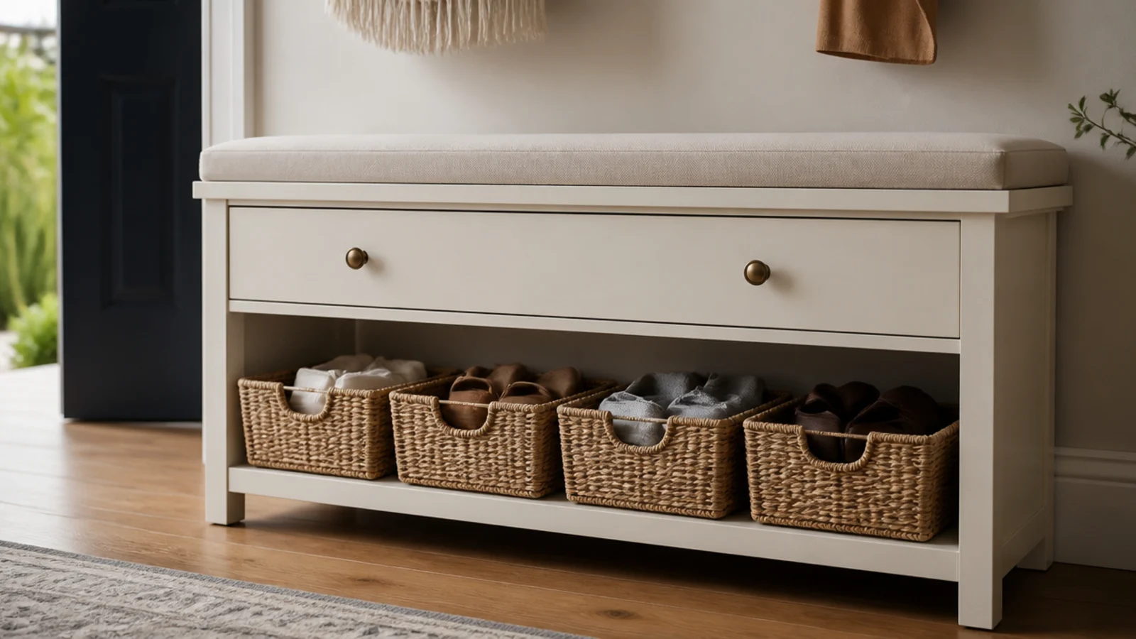 woven baskets lined up in the open tier beneath a bench cabinet