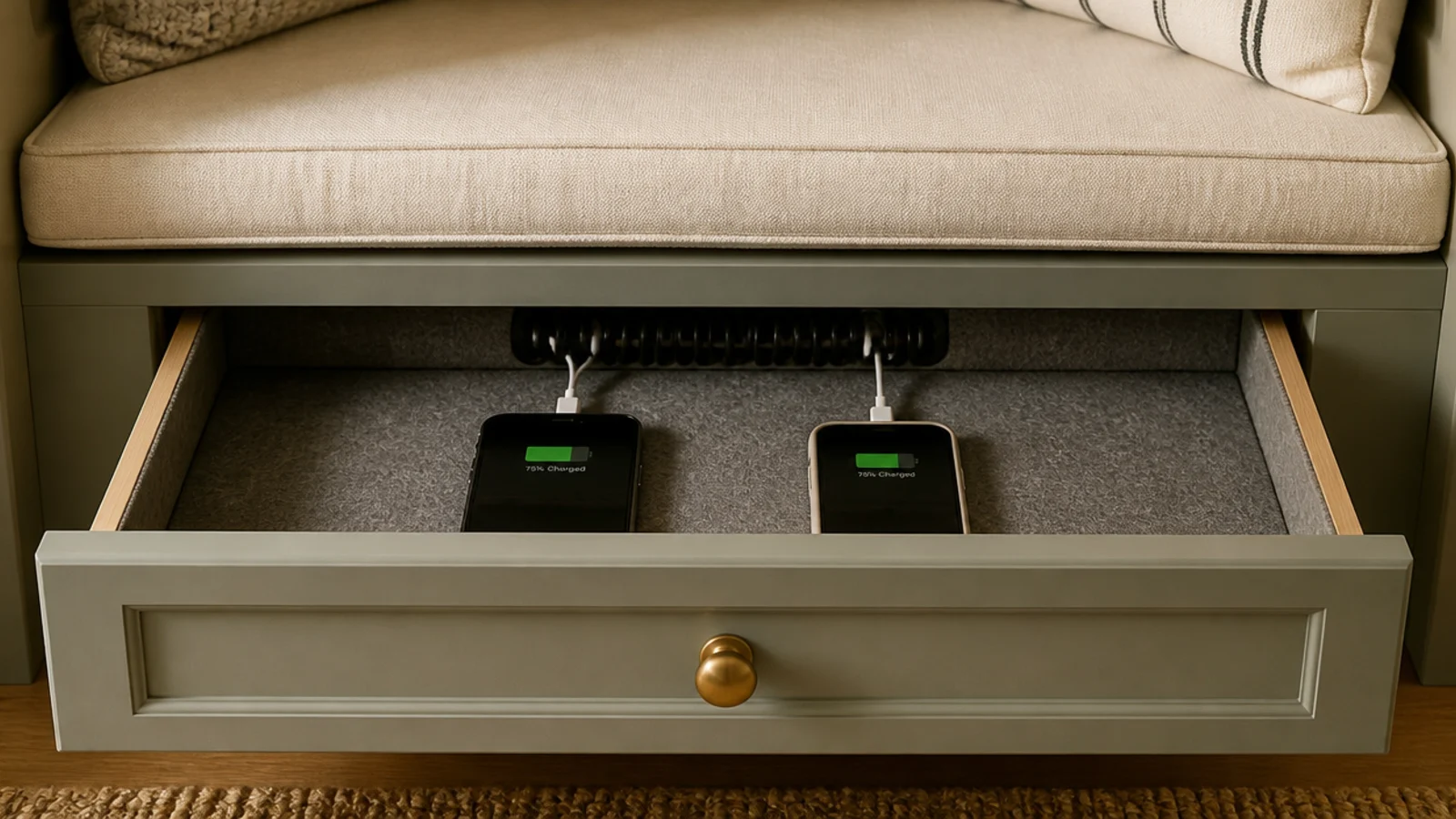 shallow charging drawer in an entry bench holding phones and cables