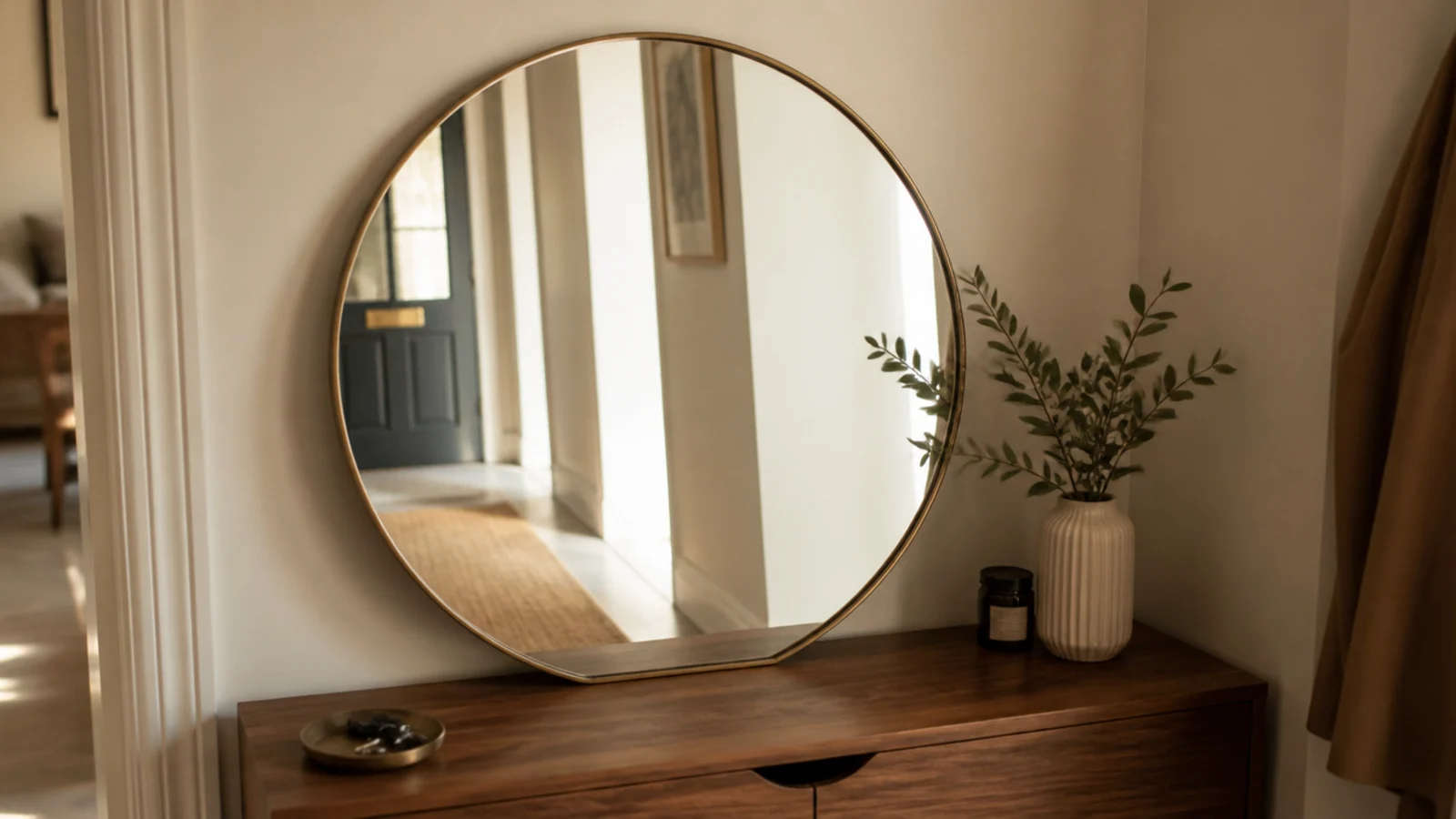 leaning round mirror resting on a shoe cabinet top in a dark hallway