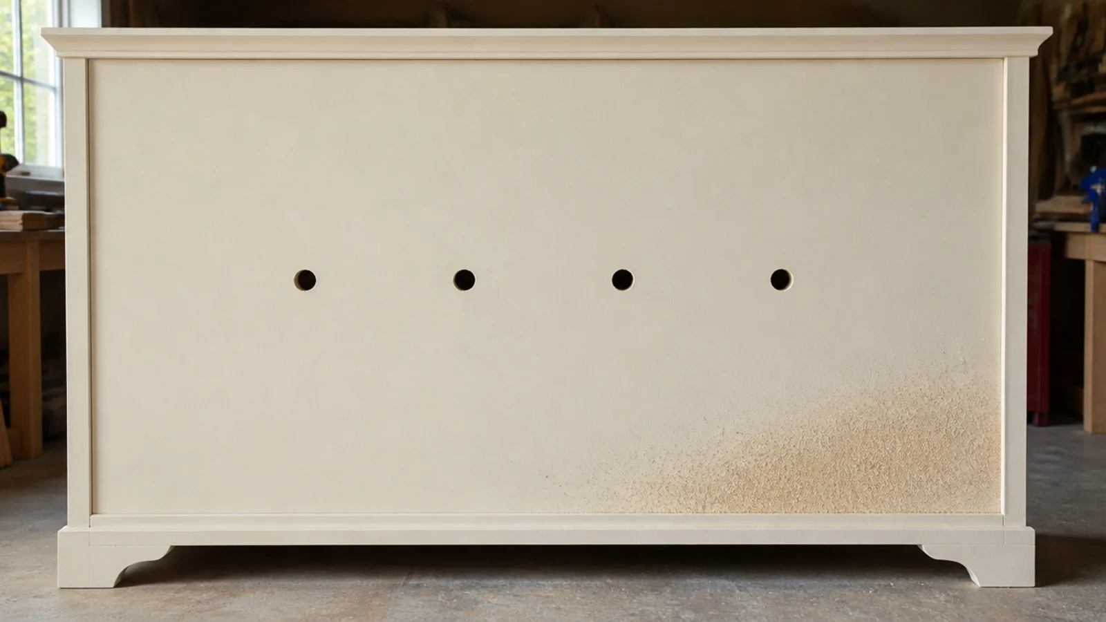 row of drilled ventilation holes in the back panel of a shoe cabinet