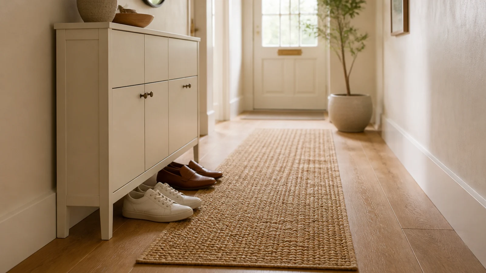 jute runner on the floor in front of a slim entryway shoe cabinet