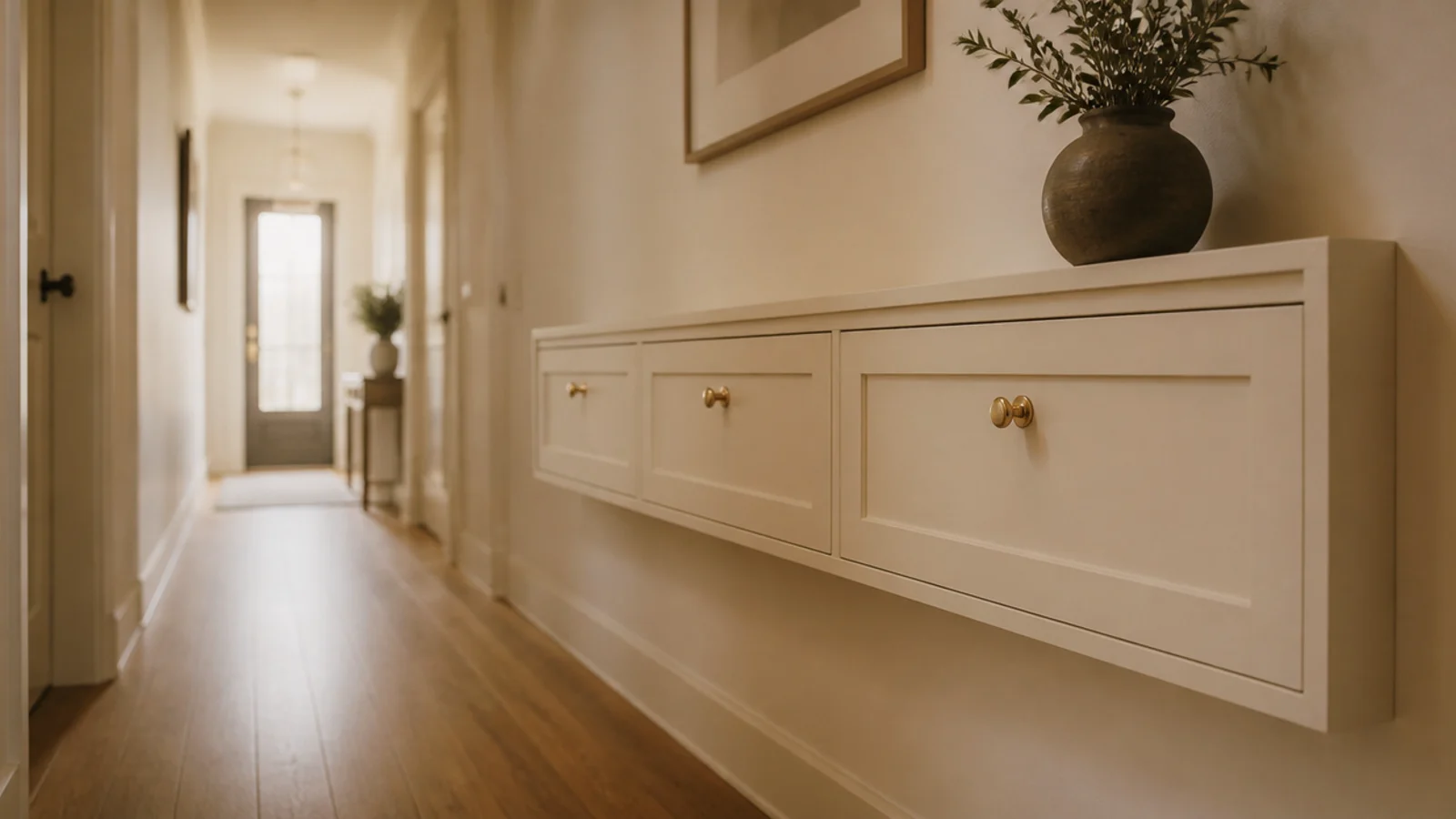 nine inch deep tilt out shoe cabinet along a long narrow hallway wall