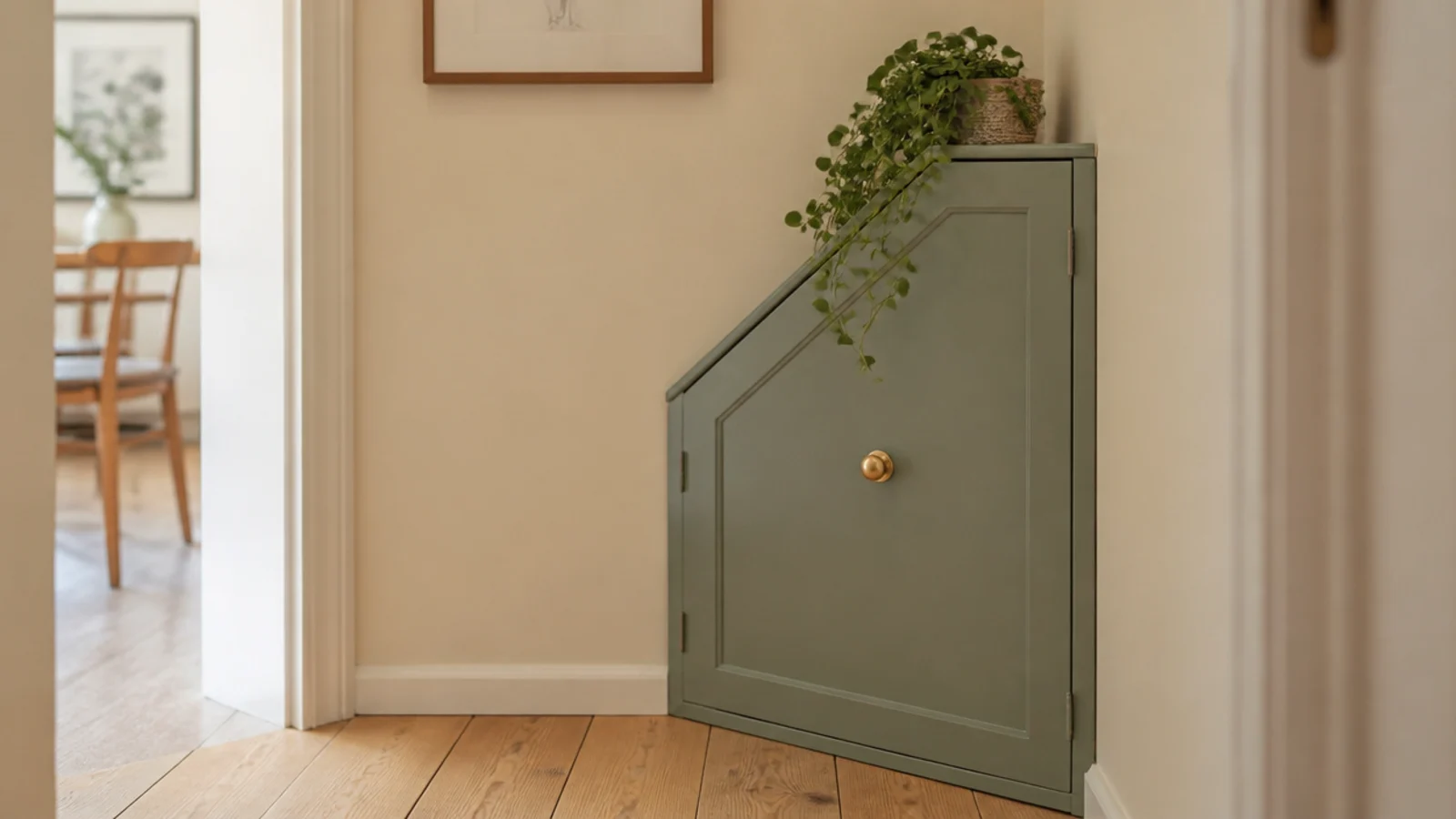 angled front corner shoe cabinet tucked into a small entry corner