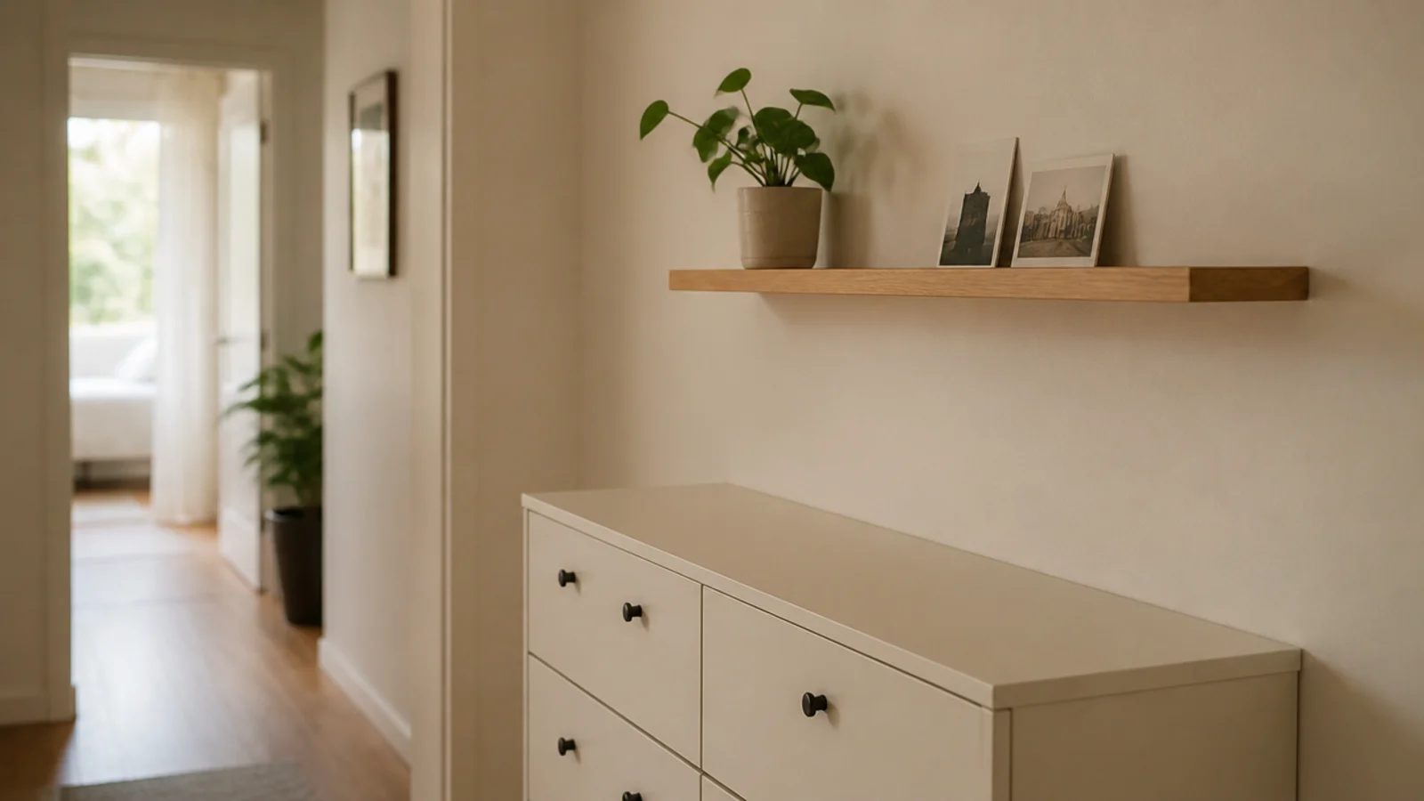 shallow shoe cabinet with a narrow display shelf mounted above it