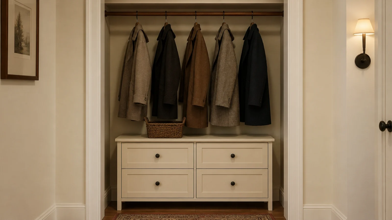 shallow shoe cabinet standing on the floor of a small coat closet