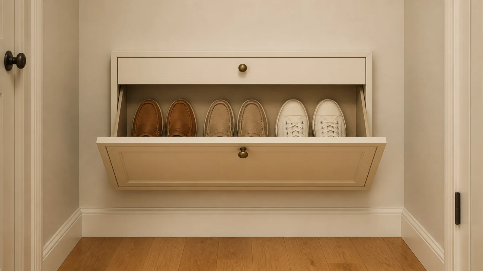 very shallow six inch shoe cabinet holding flat shoes in a tight hall