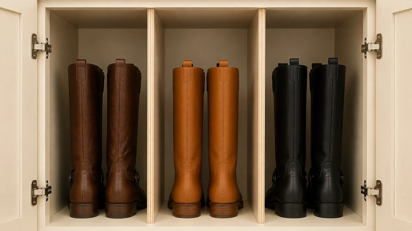tall shoe cabinet compartment with vertical dividers holding boots upright