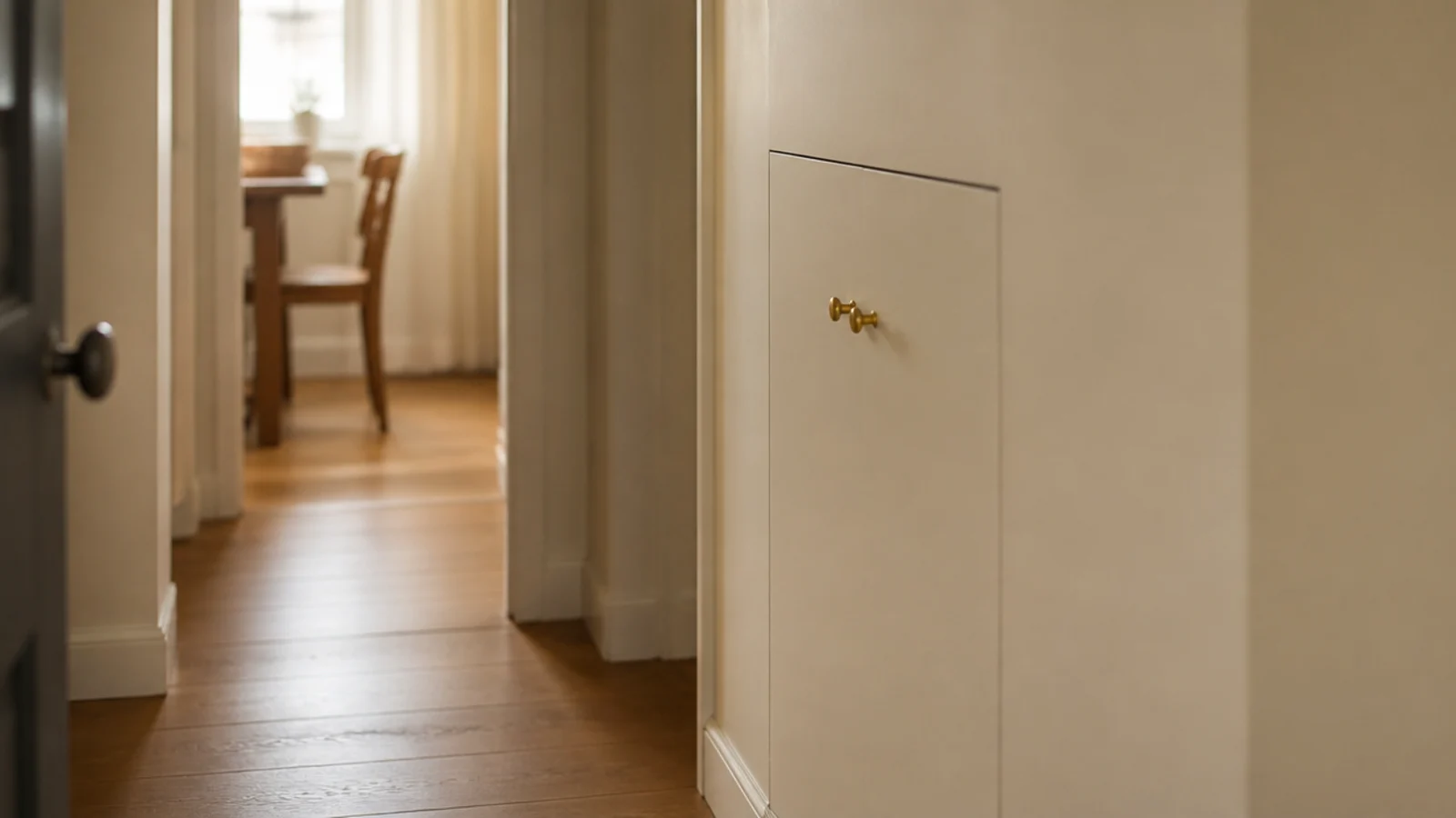 shoe cabinet painted the exact wall color vanishing into a small hall