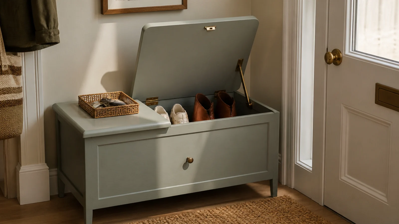 small lift lid shoe cabinet acting as the drop zone by a front door