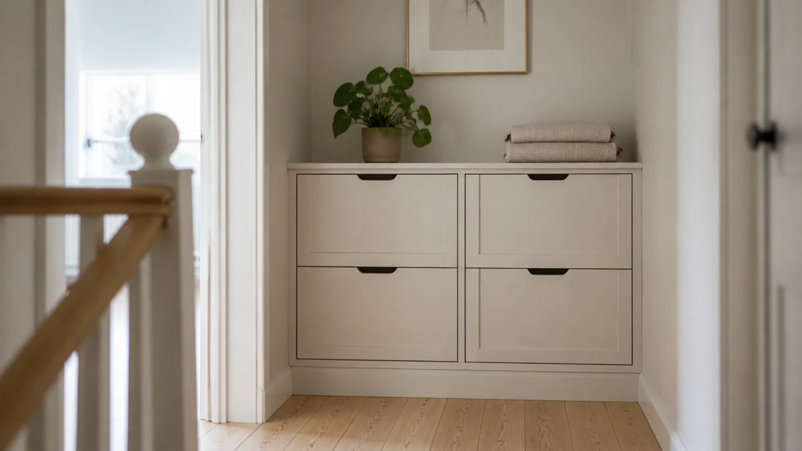 shallow shoe cabinet fitted along a small upstairs landing wall