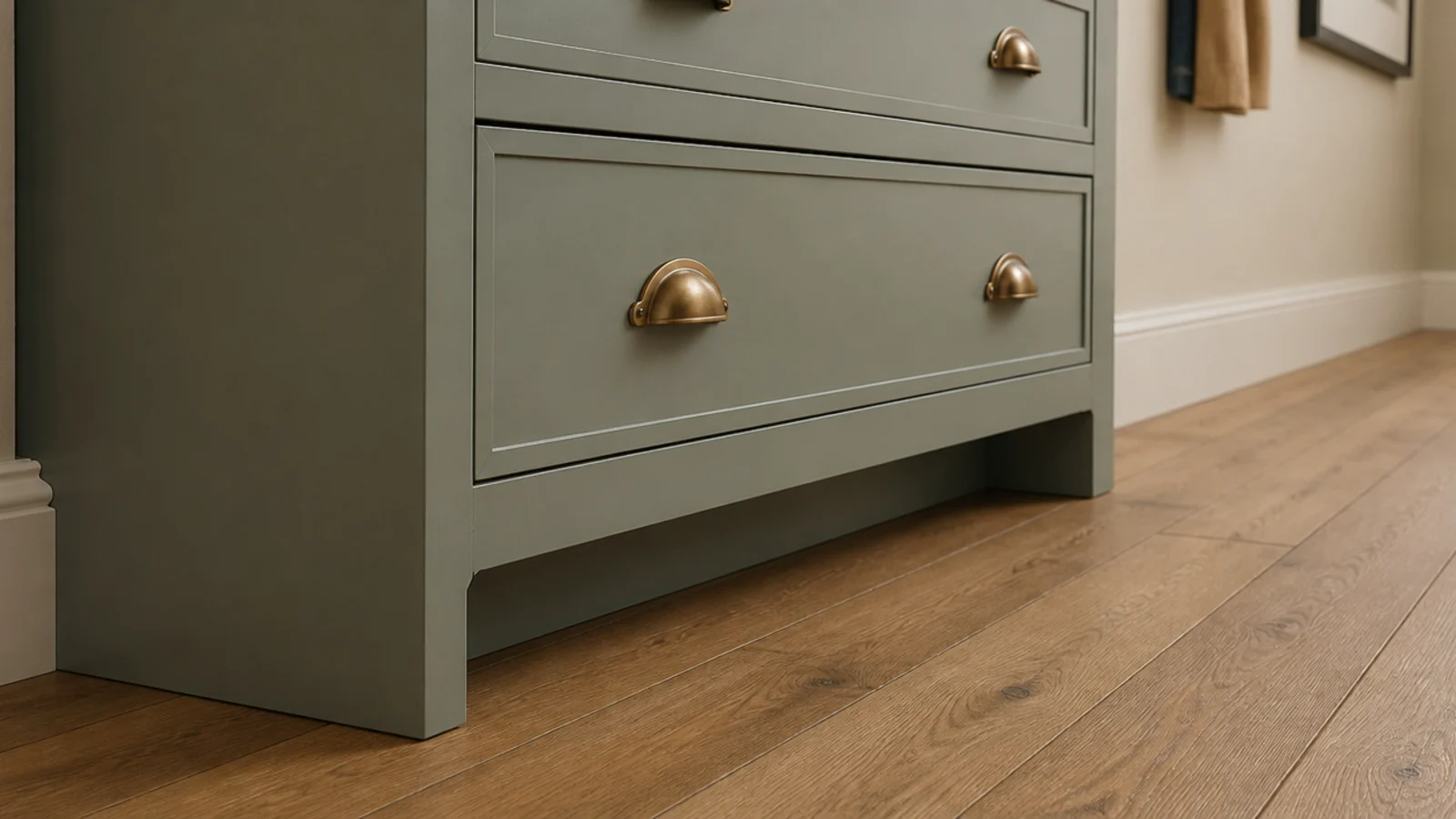 recessed toe kick beneath a hallway shoe cabinet giving toe clearance