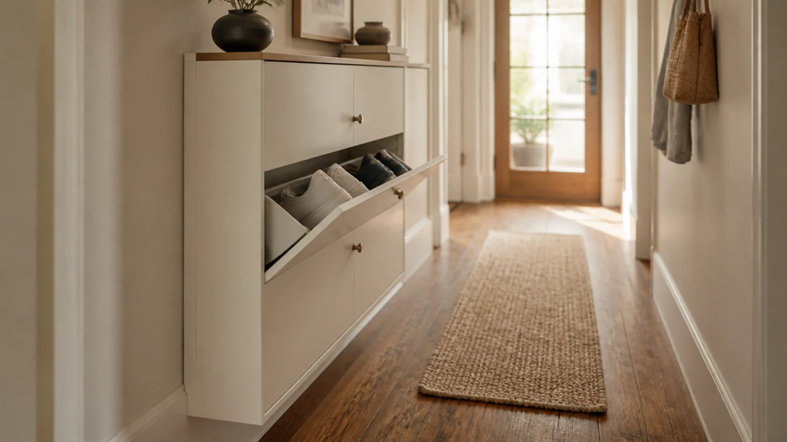 slim shoe cabinet for small spaces in a narrow cream hallway
