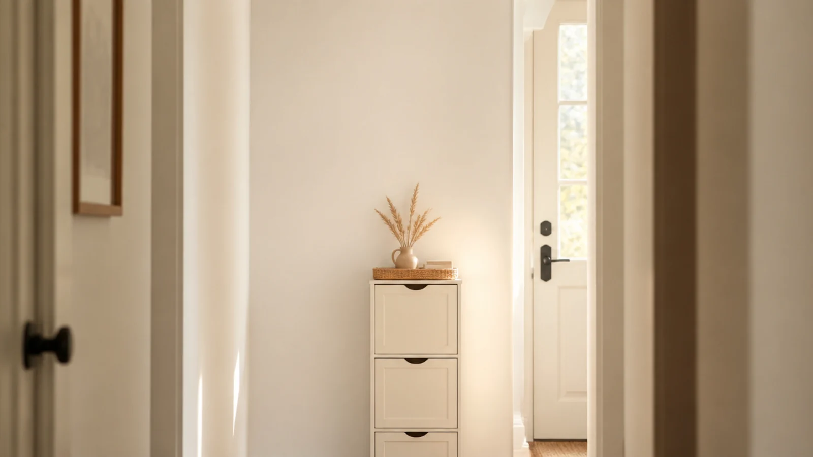 vertical narrow hallway with a slim shoe cabinet for small spaces