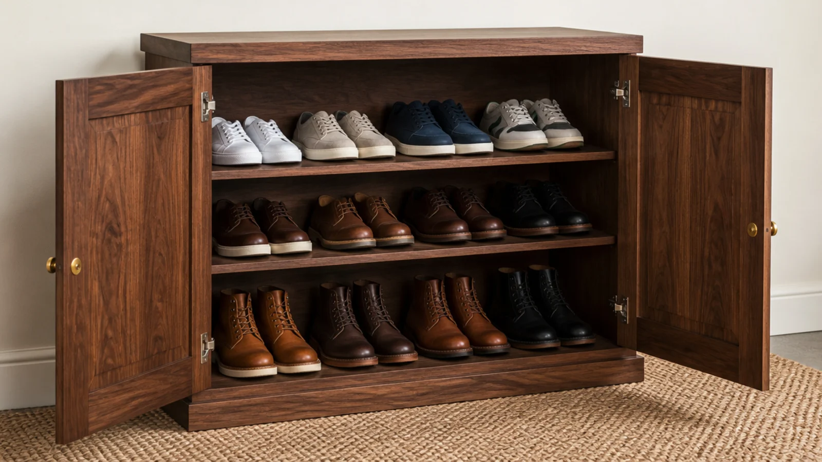two door wooden shoe cabinet open showing flat shelves of neatly stored shoes