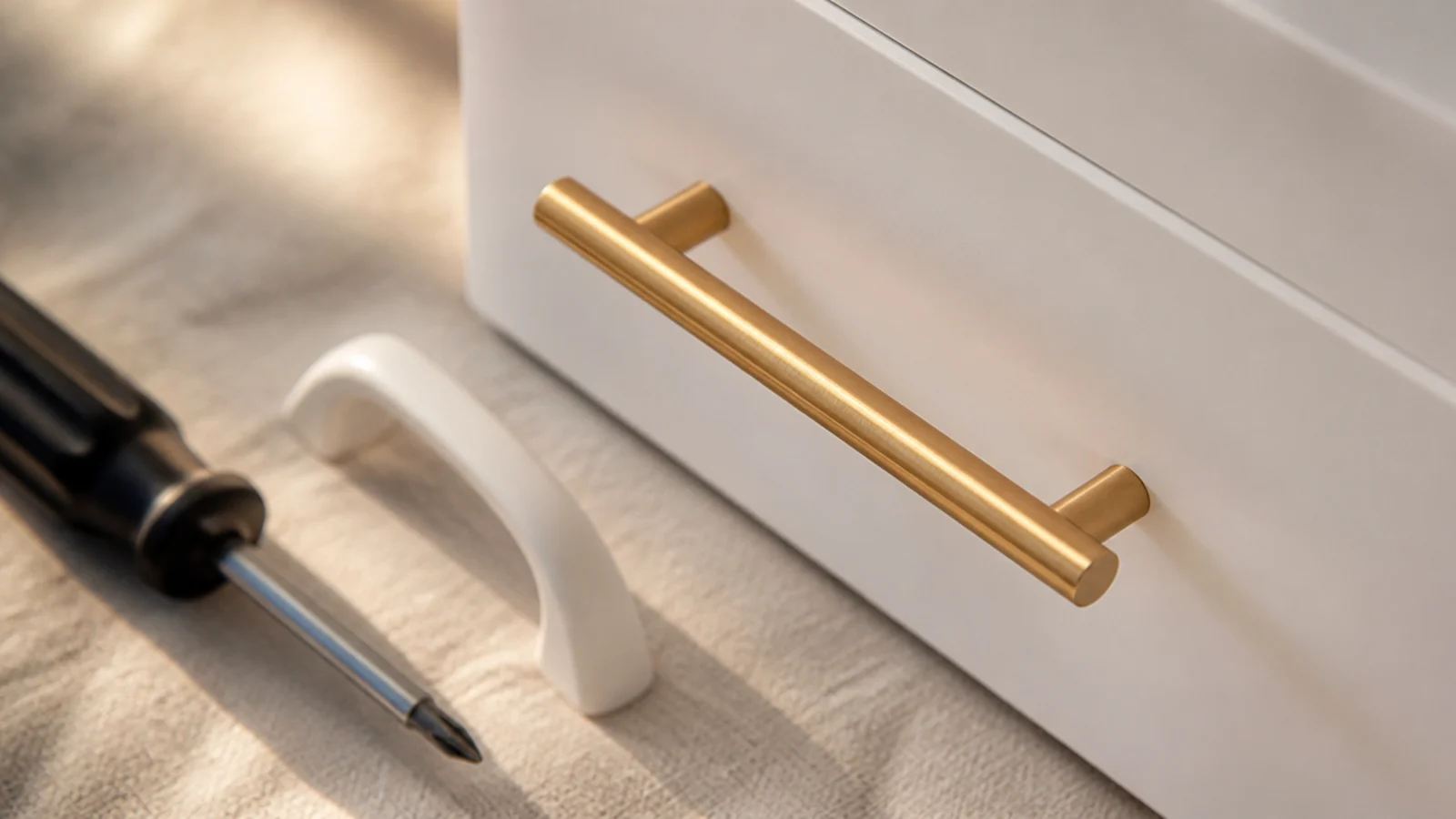 brass bar handles fitted to a plain white shoe cabinet door front