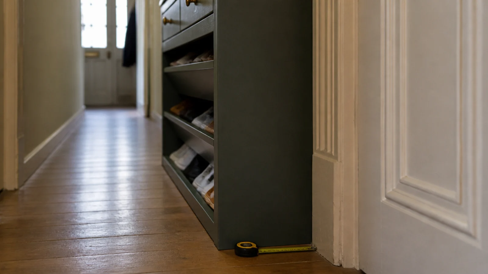 deep shoe cabinet jutting into a narrow hallway beside a doorframe