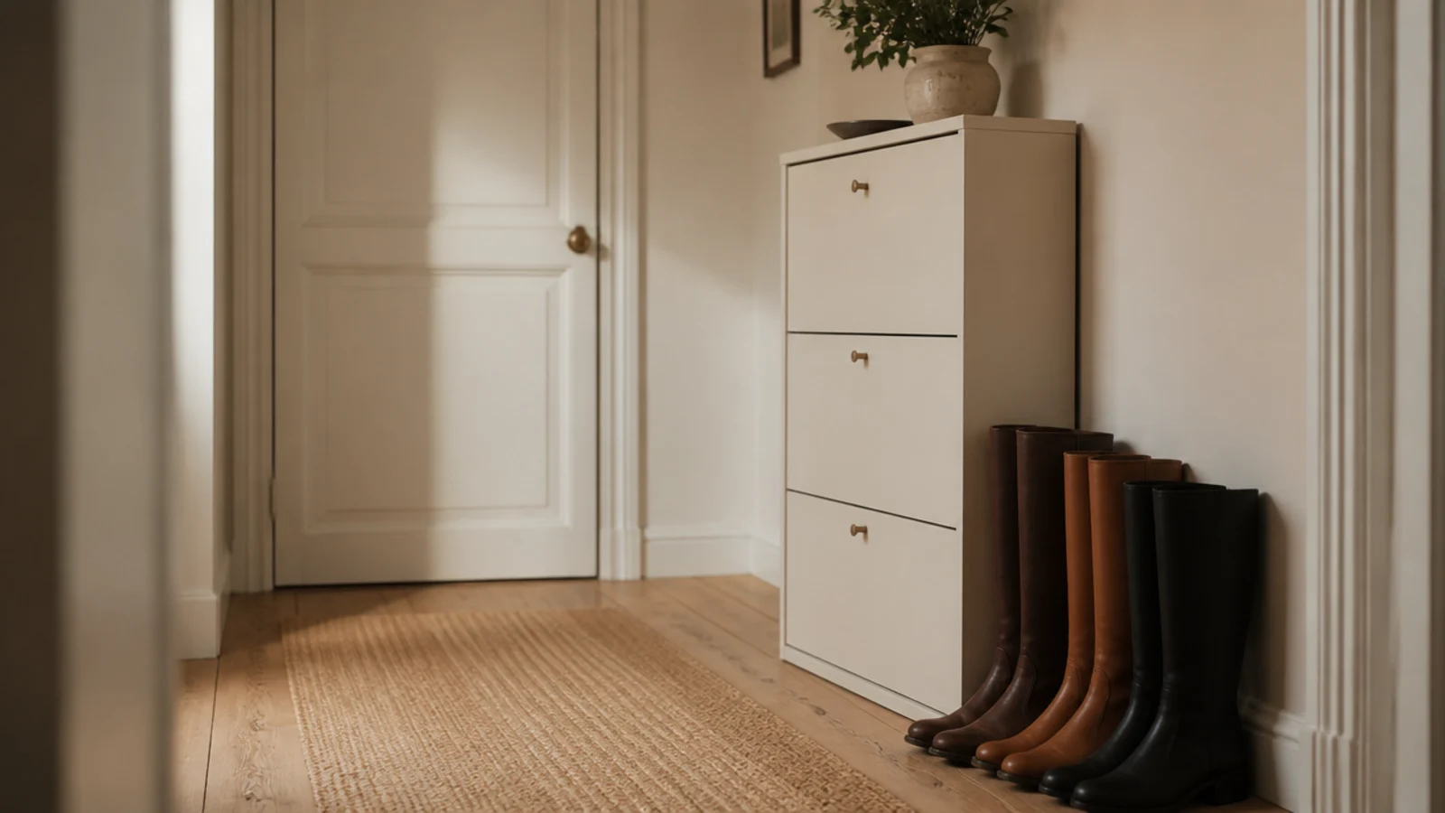 leather boots standing on the floor beside a full closed shoe cabinet
