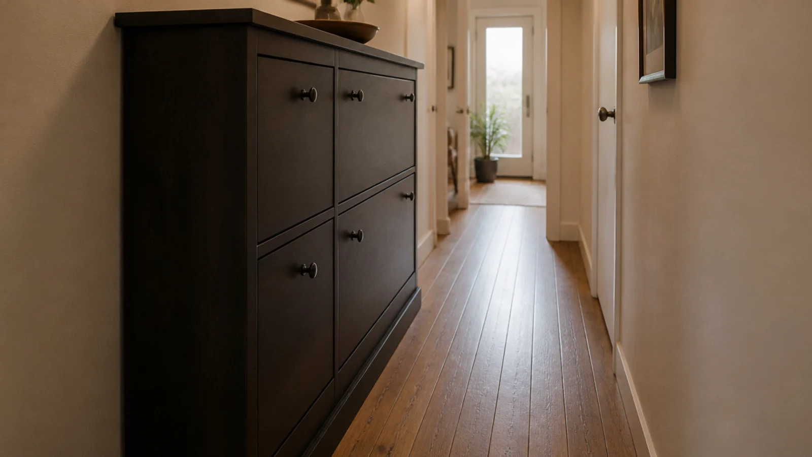 dark contrasting shoe cabinet visually narrowing a small cream hallway