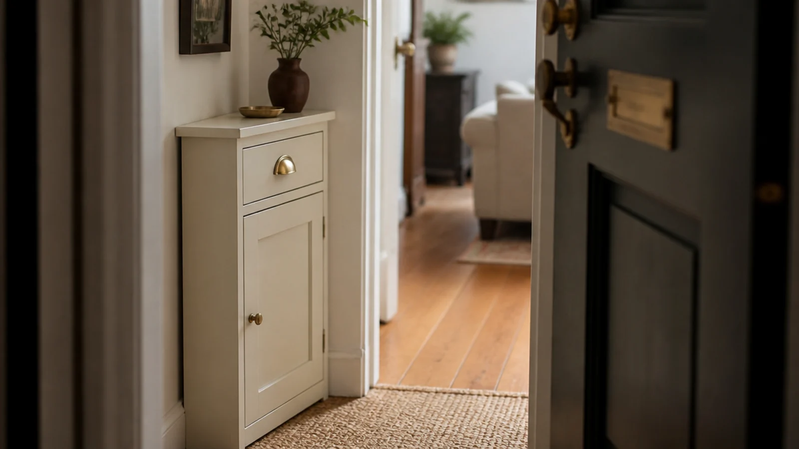 low shoe cabinet placed on the hinge side wall of a small entry door