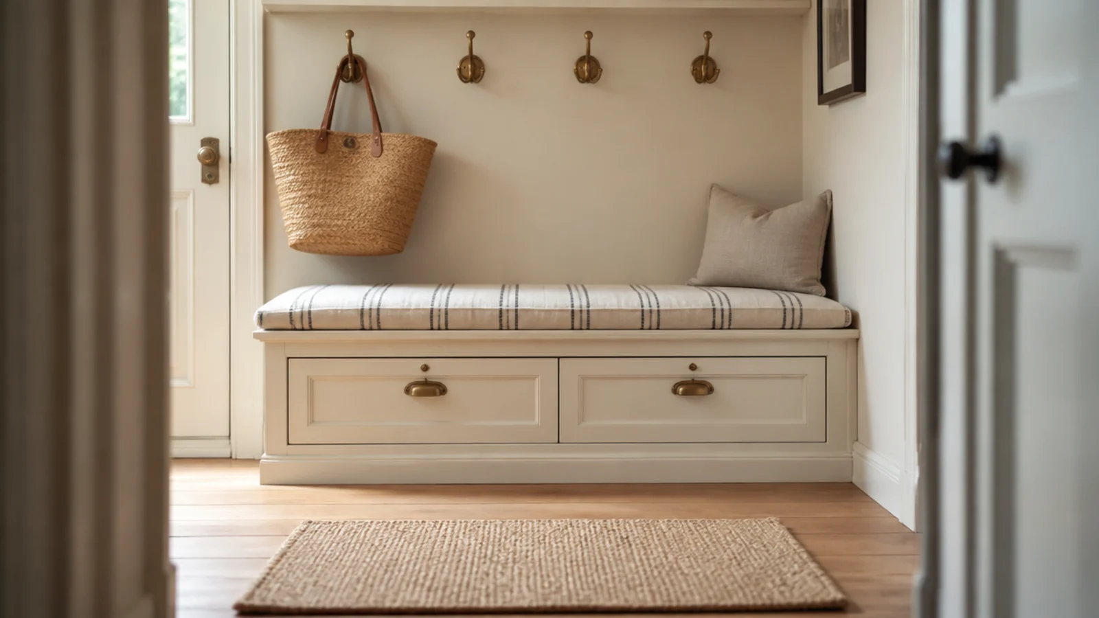 bench height shoe cabinet with a cushion in a wider small entryway