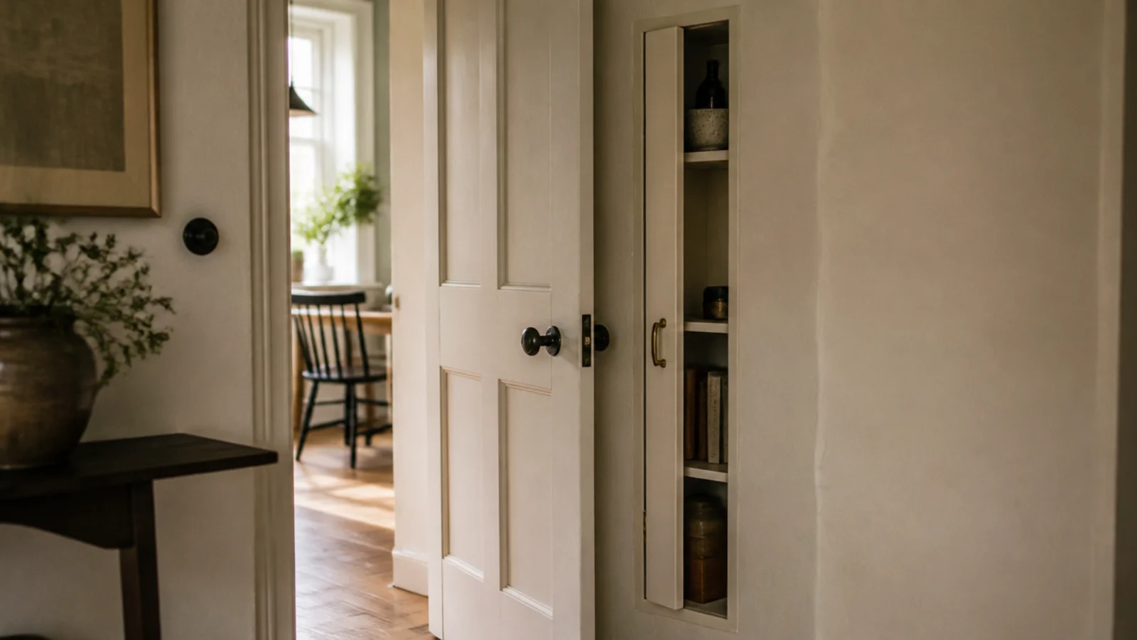 narrow shoe cabinet in the wall pocket behind an open entry door