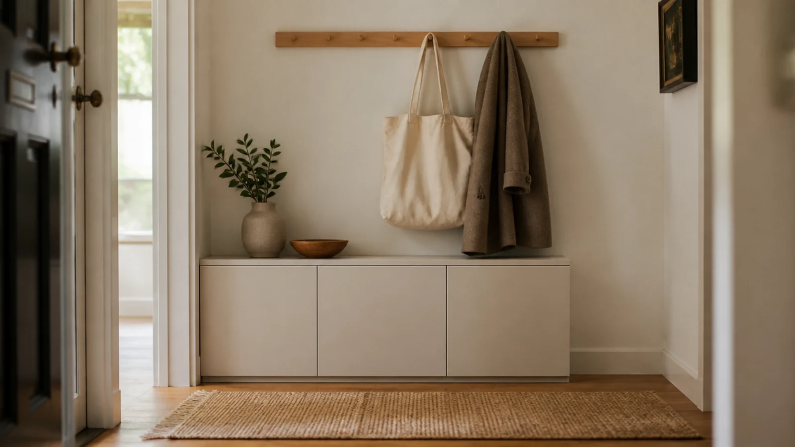 coat hooks mounted above a low shoe cabinet in a small entry
