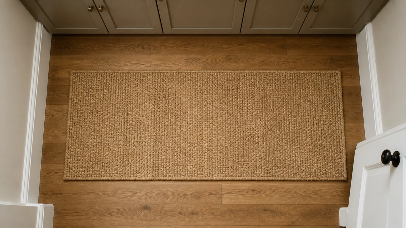 flat woven runner laid clear of a swinging door in a small entry