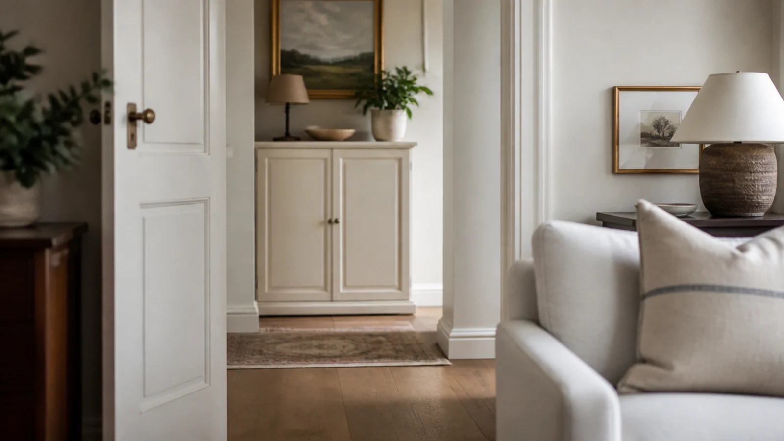 view from a living room doorway toward a closed entryway shoe cabinet
