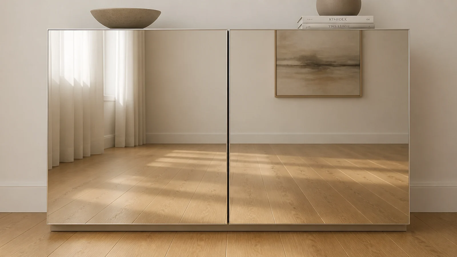 pair of mirror shoe cabinet doors meeting in a single narrow shadow gap