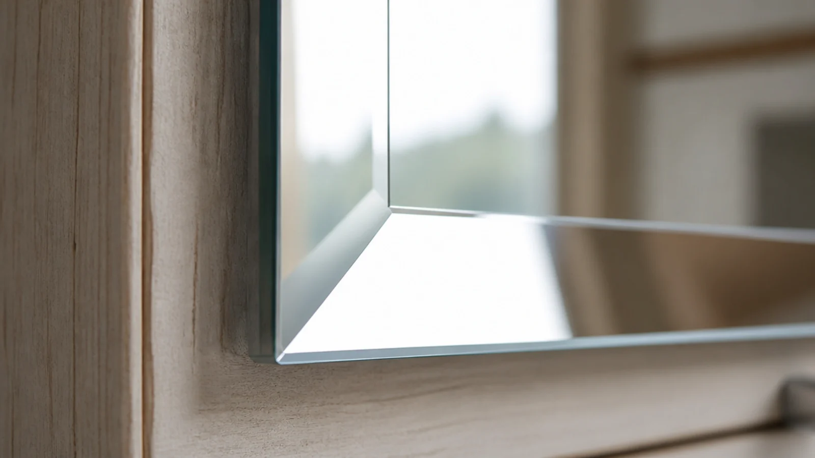 bevelled mirror edge catching light on the door of a shoe cabinet