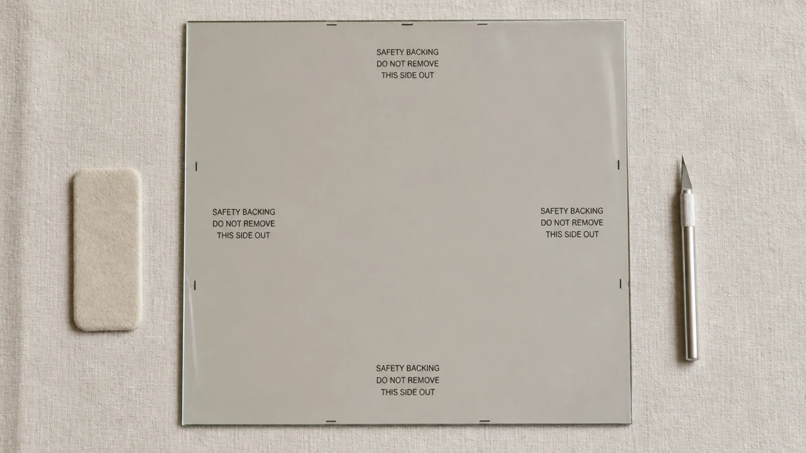 clear safety backing film applied behind a mirror shoe cabinet panel