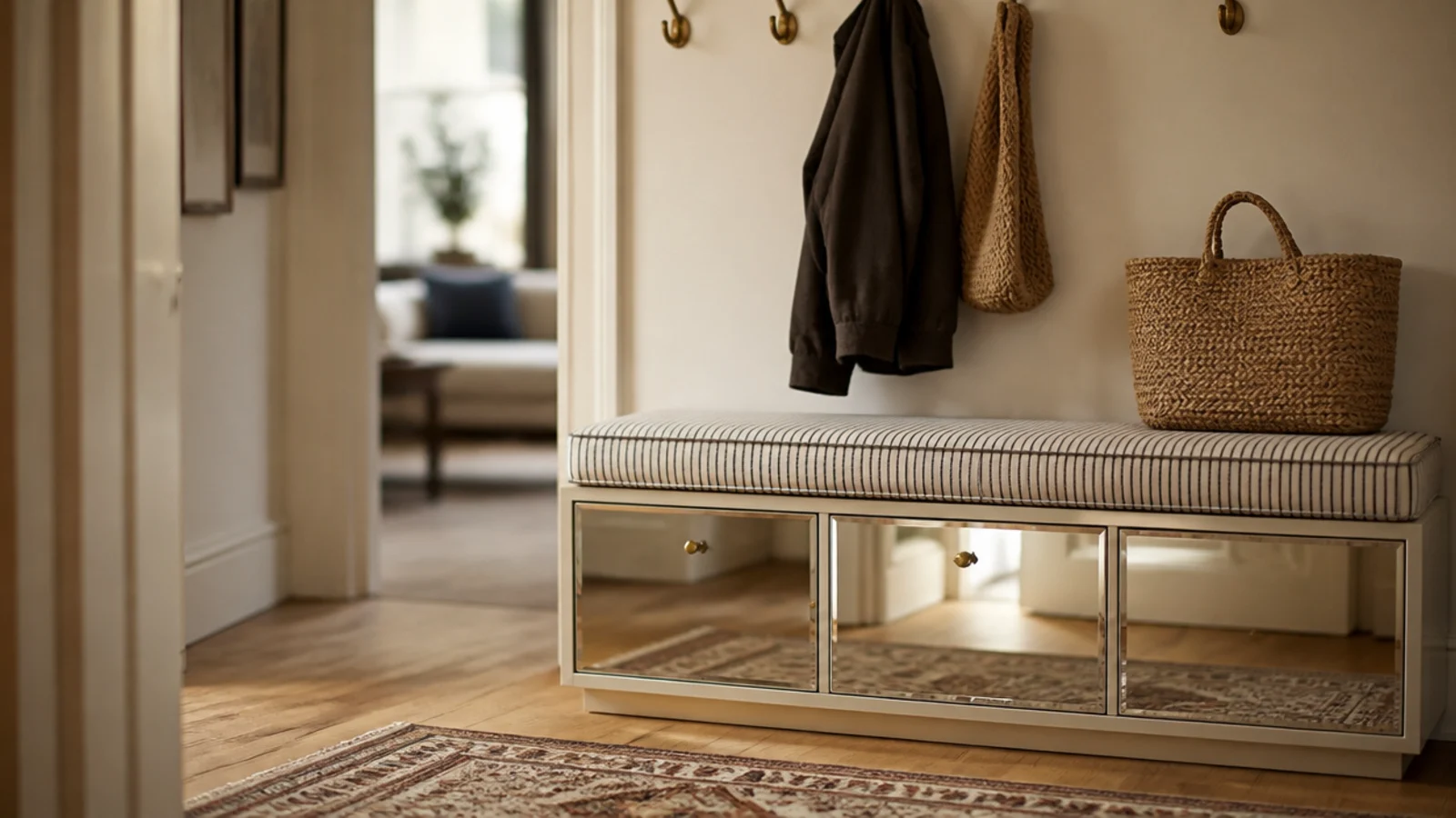 mirrored shoe cabinet at bench height with a linen cushion on top