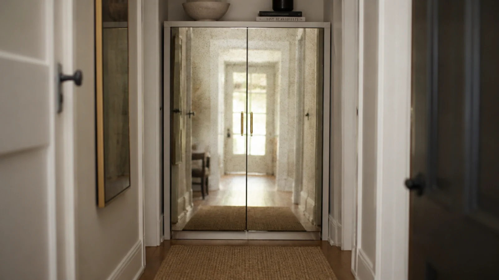 shoe cabinet with mirror doors reflecting light in a narrow cream hallway