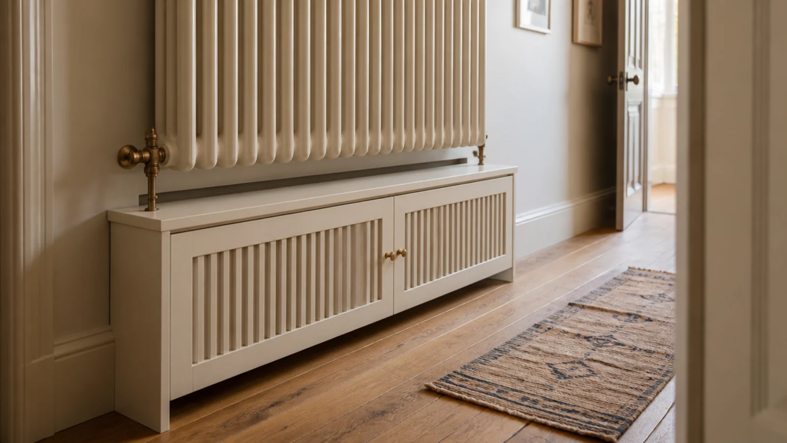 shallow shoe cabinet fitted into the depth beneath a hallway radiator