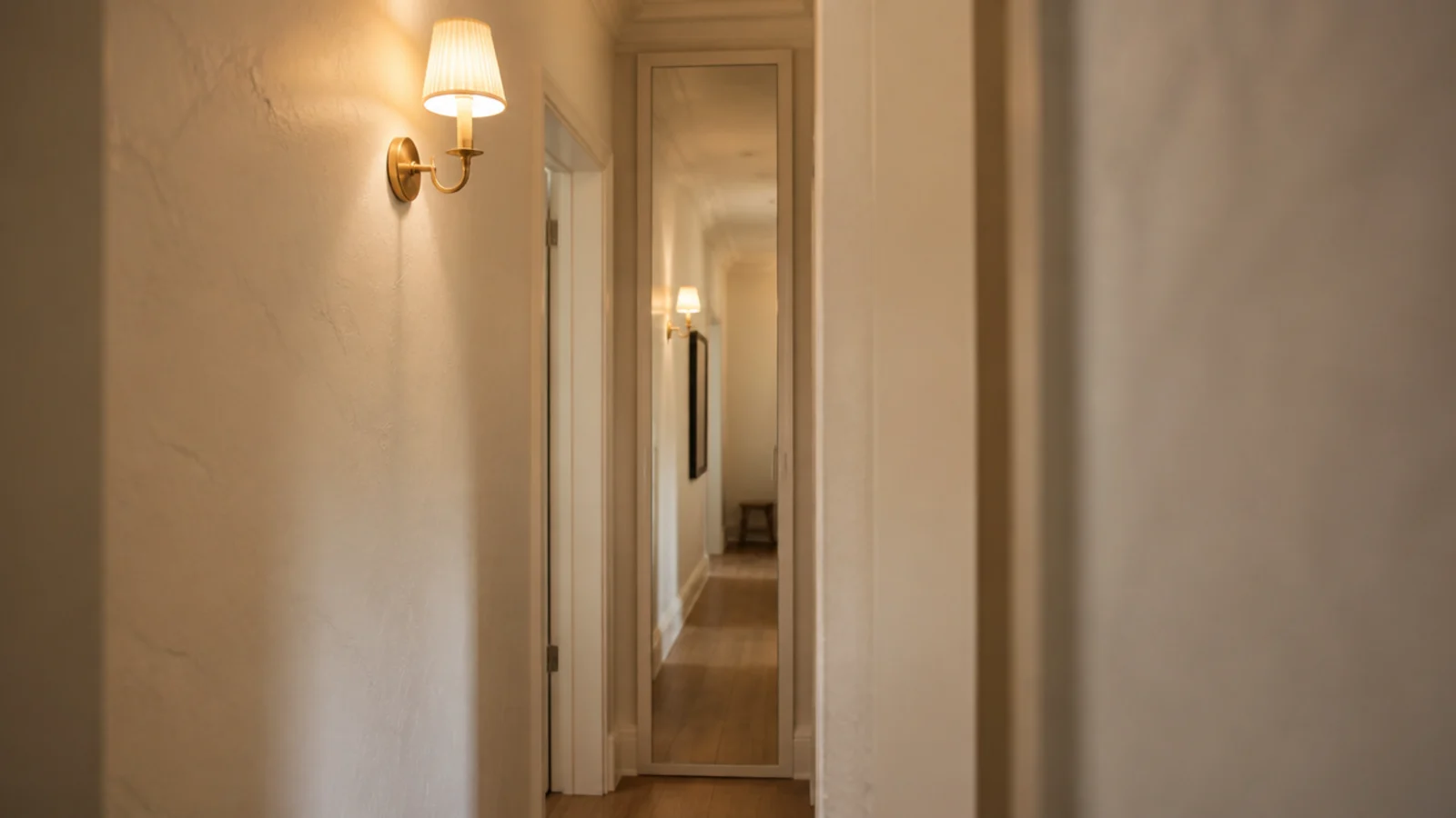 slim shoe cabinet with a mirrored door reflecting a bright narrow hallway