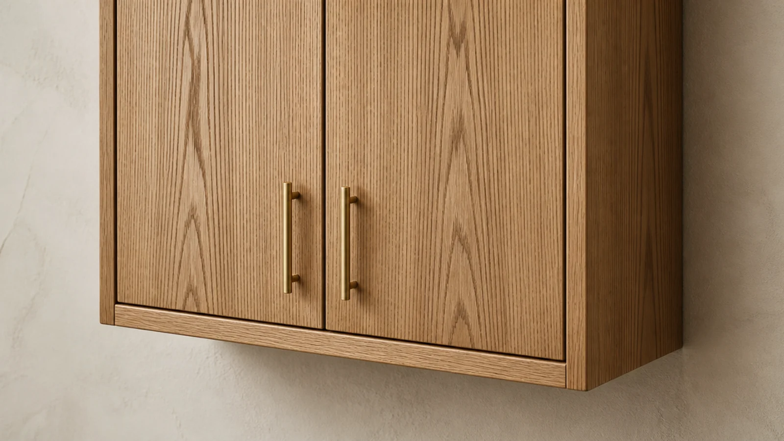 slim shoe cabinet with vertical oak grain running up the door fronts