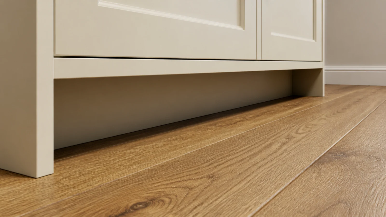 open toe kick gap beneath a slim shoe cabinet on a wooden hall floor