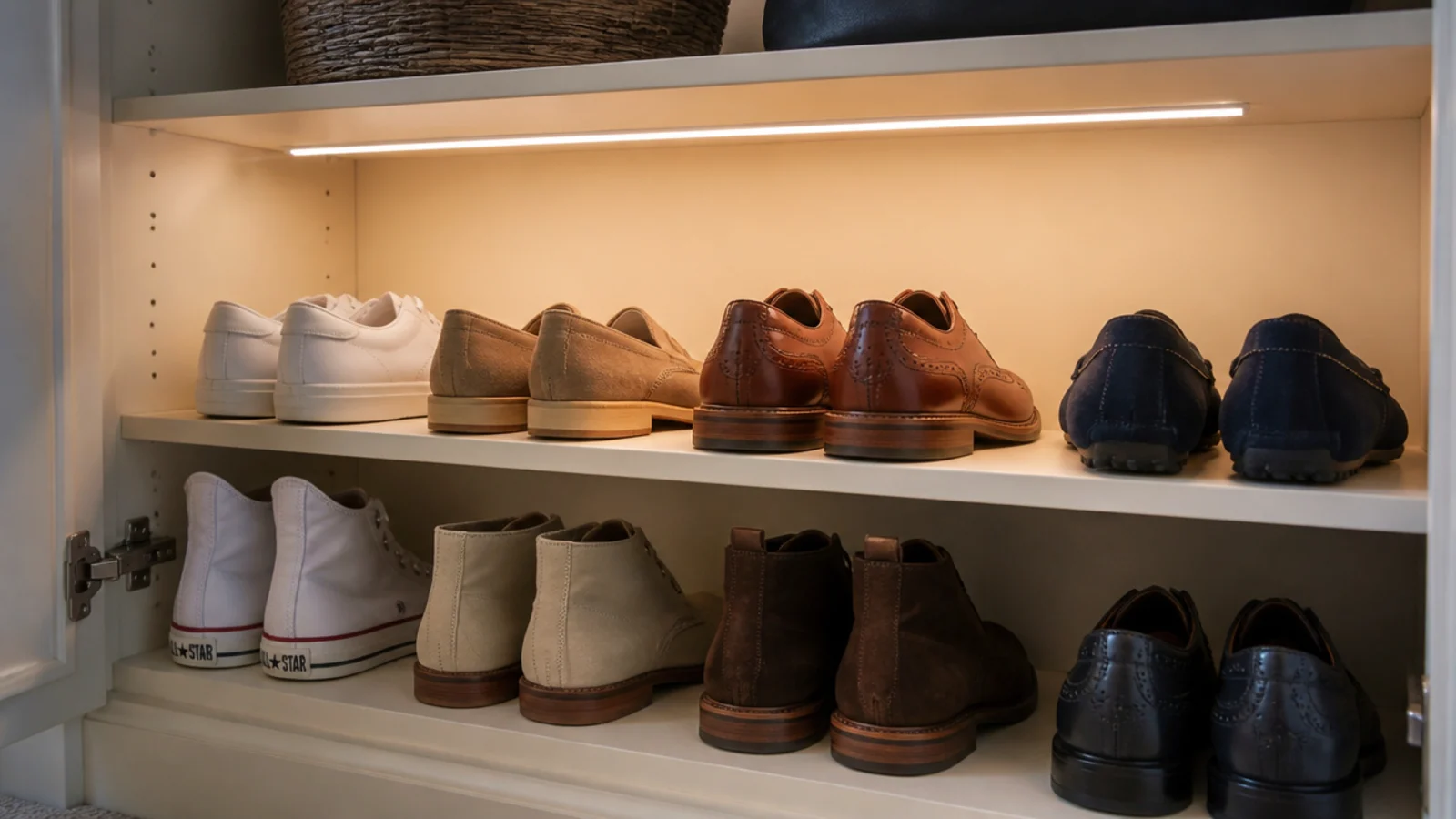 warm strip light illuminating the inside of an open slim shoe cabinet