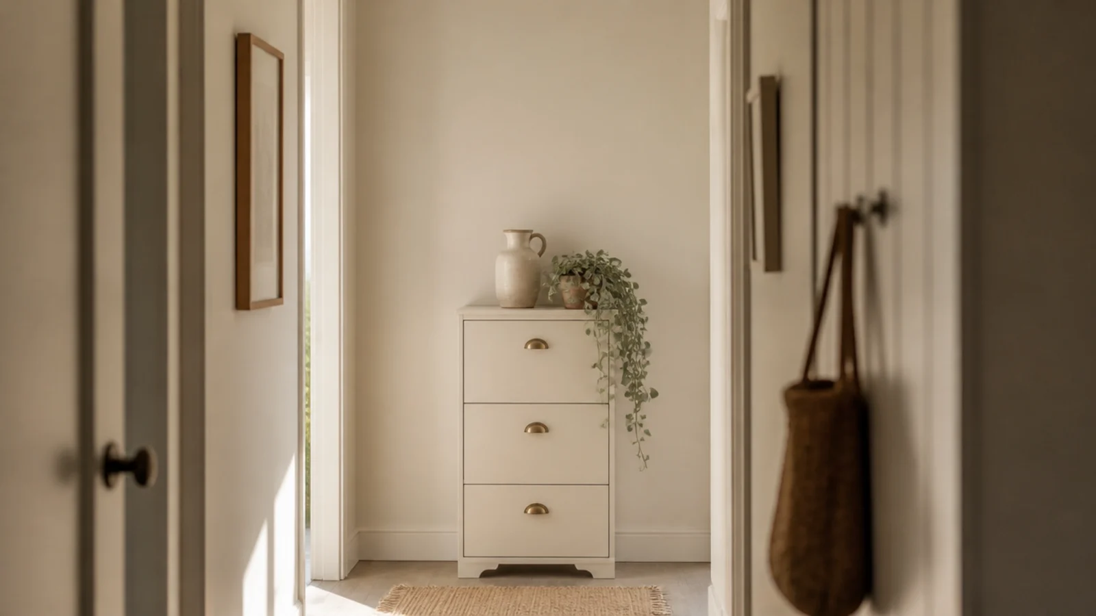 vertical narrow hallway view of a slim shoe cabinet with brass pulls
