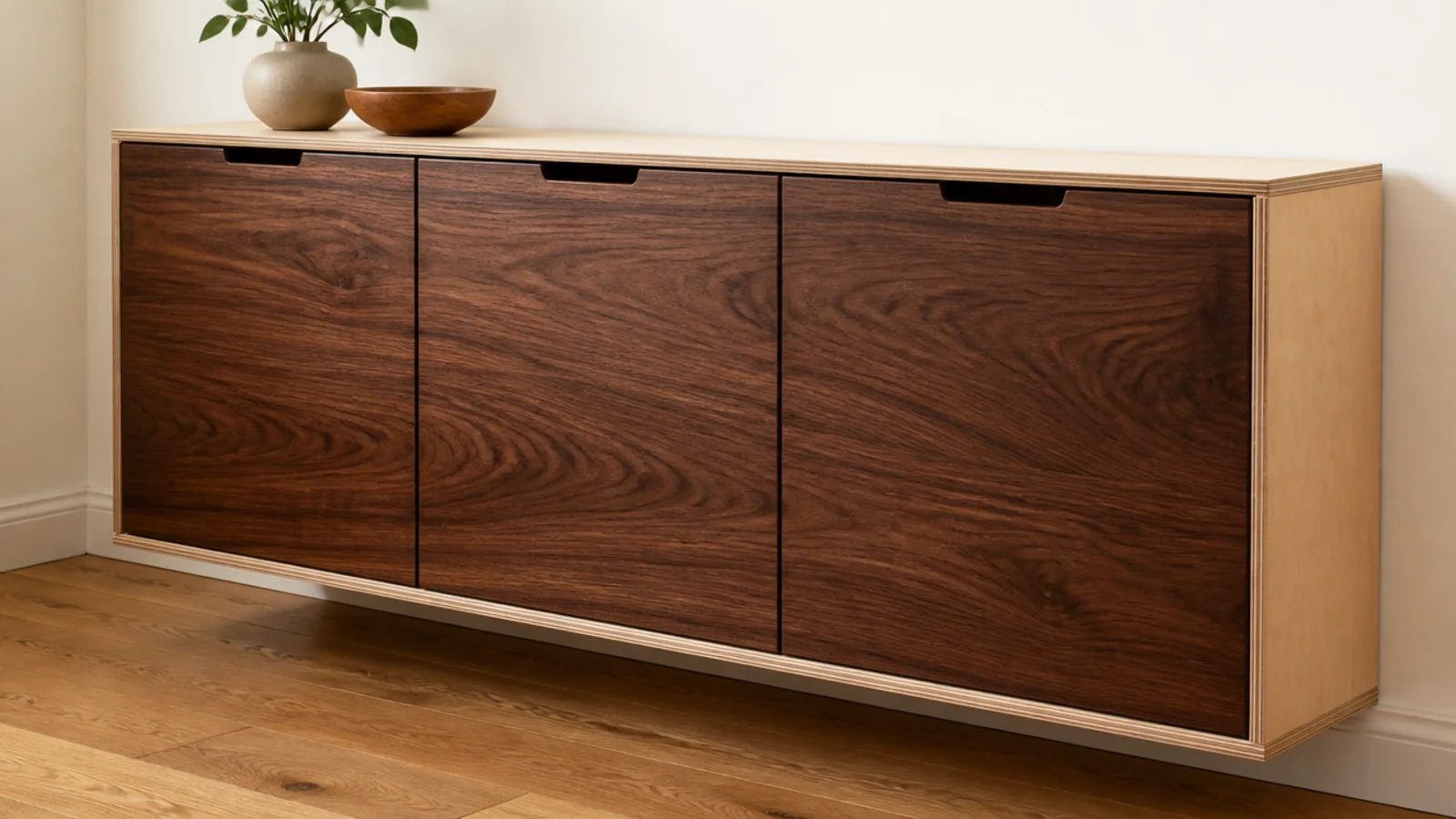 dark walnut door fronts fitted to a pale plywood shoe cabinet carcass