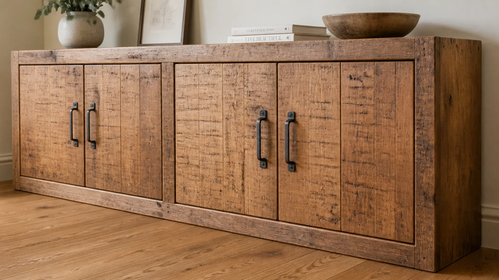 reclaimed scaffold board door fronts on a chunky wooden shoe cabinet