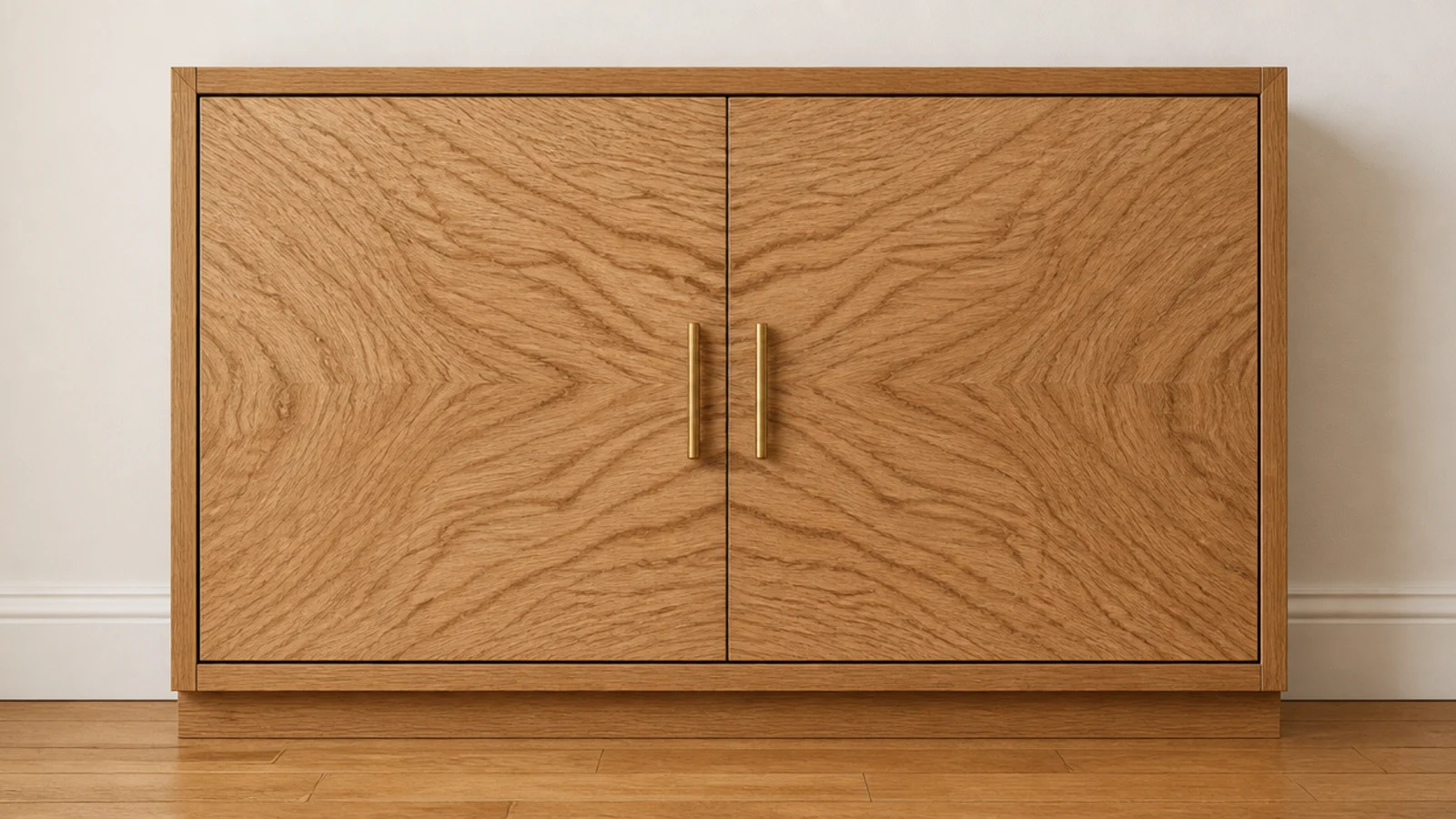 continuous oak grain running across two adjacent shoe cabinet doors