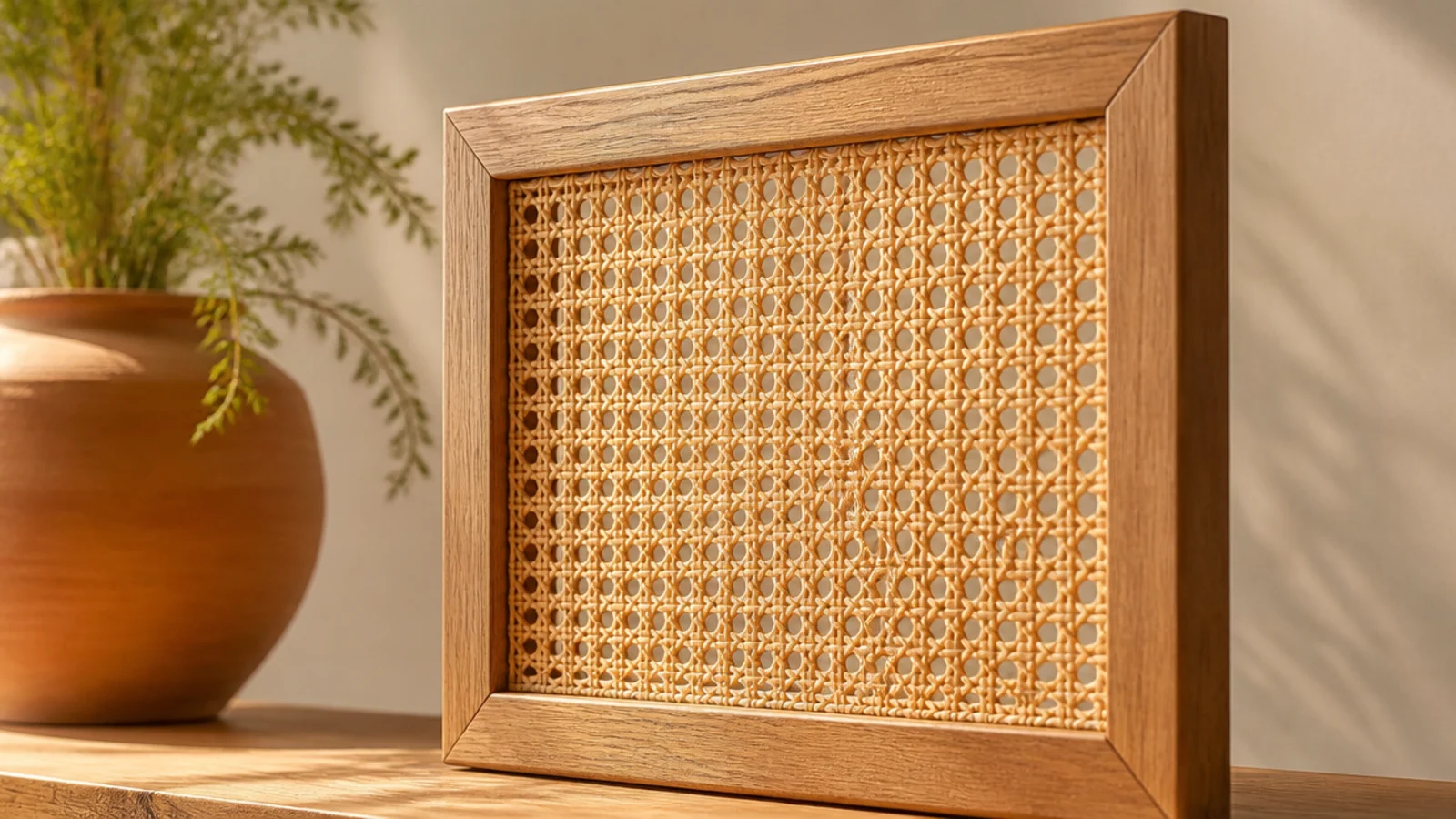 woven cane panel set into an oak shoe cabinet door frame