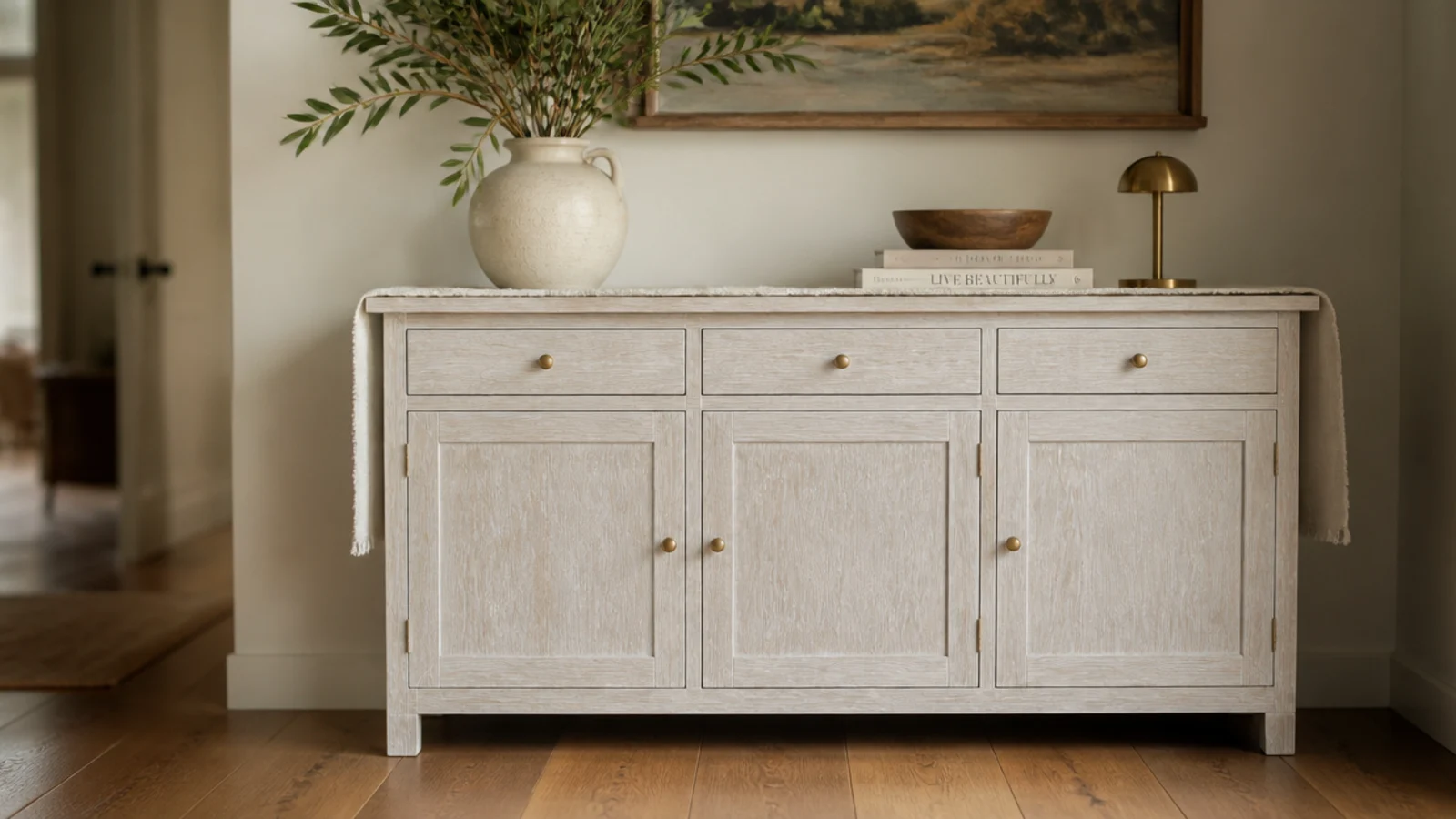 whitewashed timber shoe cabinet with grain still showing through